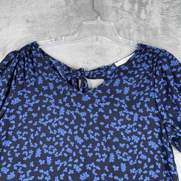 Lush Shirt Medium Blue Micro Floral Flower Michelle Tie Back Blouse Boho Peasant - Picture 4 of 9